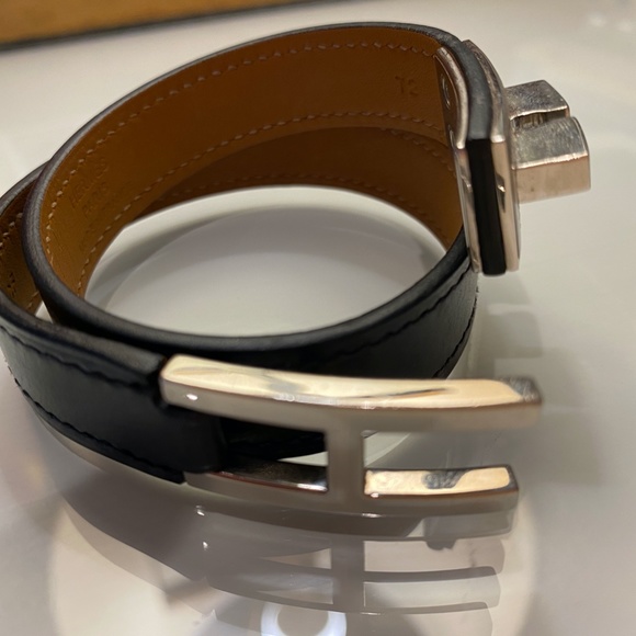 Hermes Drag Double Tour Black Leather and Palladium Bracelet - Picture 5 of 5
